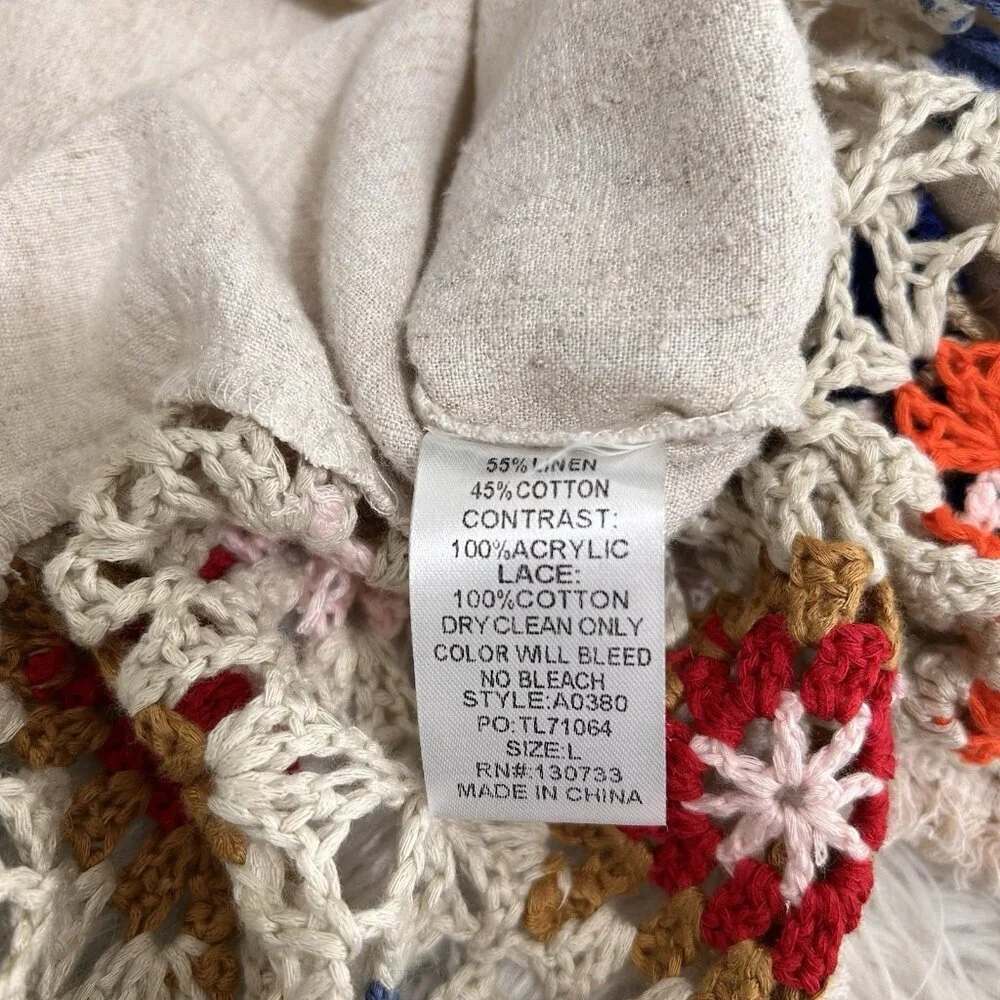 Umgee Crochet Patchwork Kimono Cardigan Oatmeal Open Front Granny core Size L - Picture 10 of 11